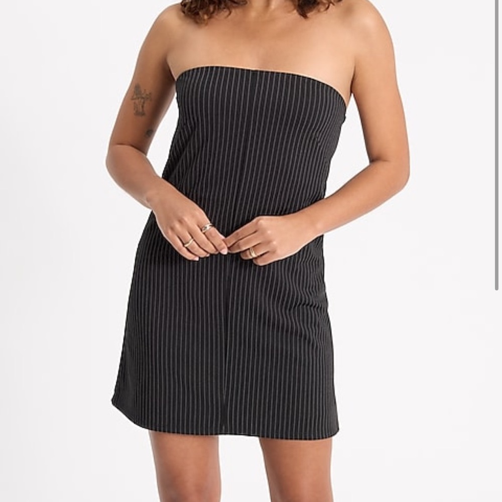 Express Black Strapless Dress with Pinstripes